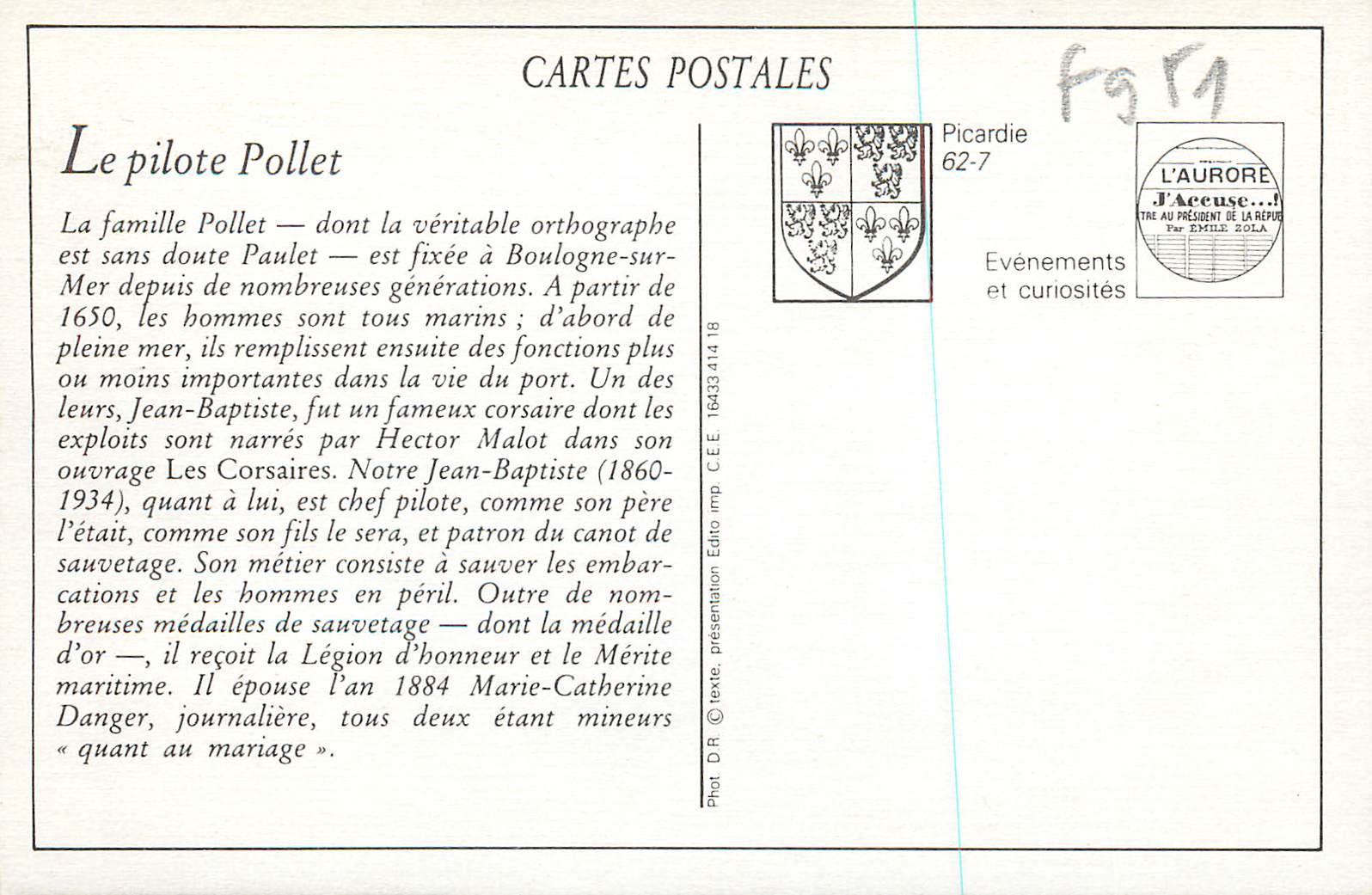 Boulogne-sur-Mer — Le Pilote Pollet, Patron du Canot de Sauvetage — LL. — N° 277 — Reverso
