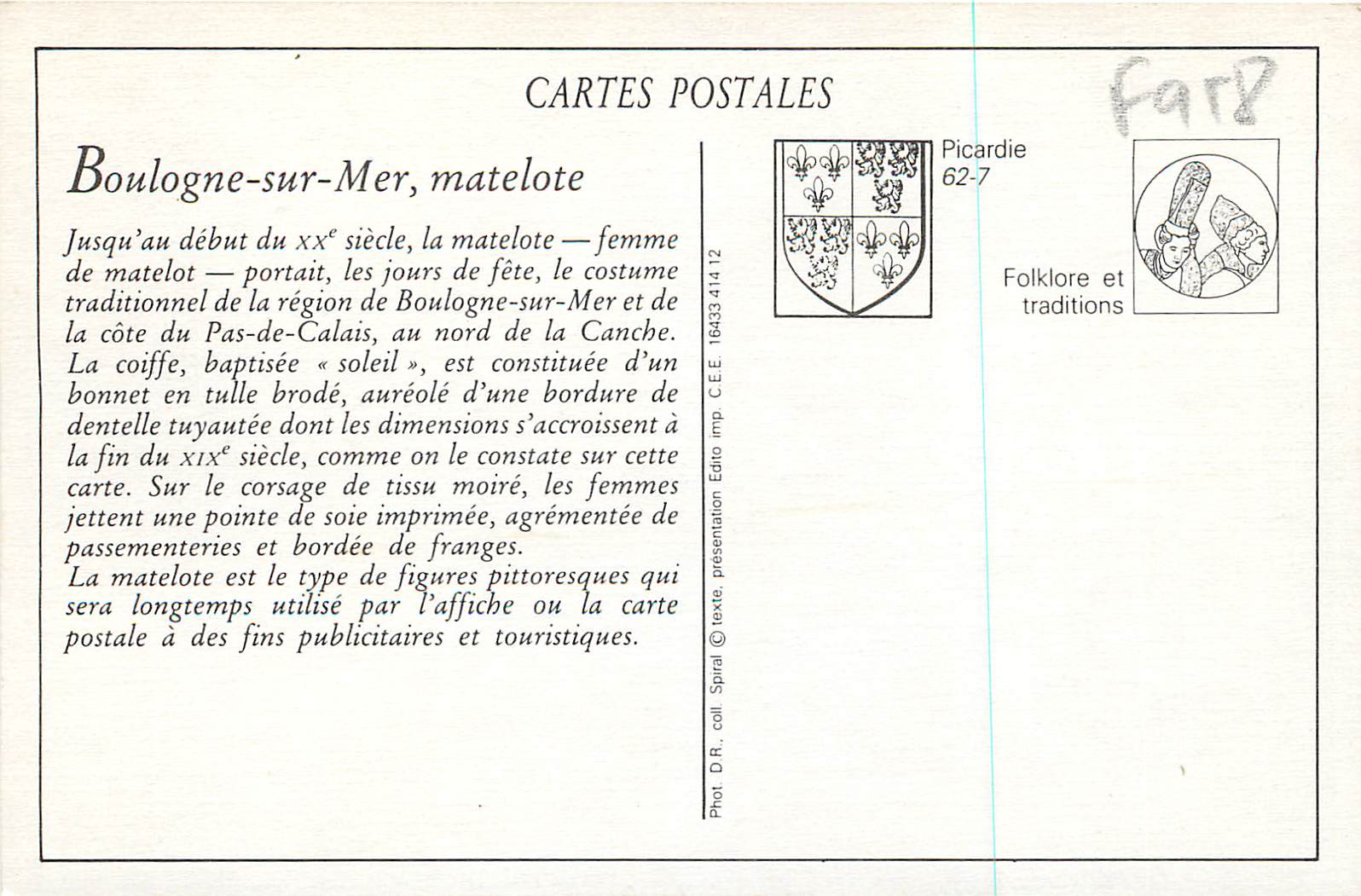 Boulogne-sur-Mer — matelote en costume traditionnel — Édito C.E.E. n° 62-7 — Reverso
