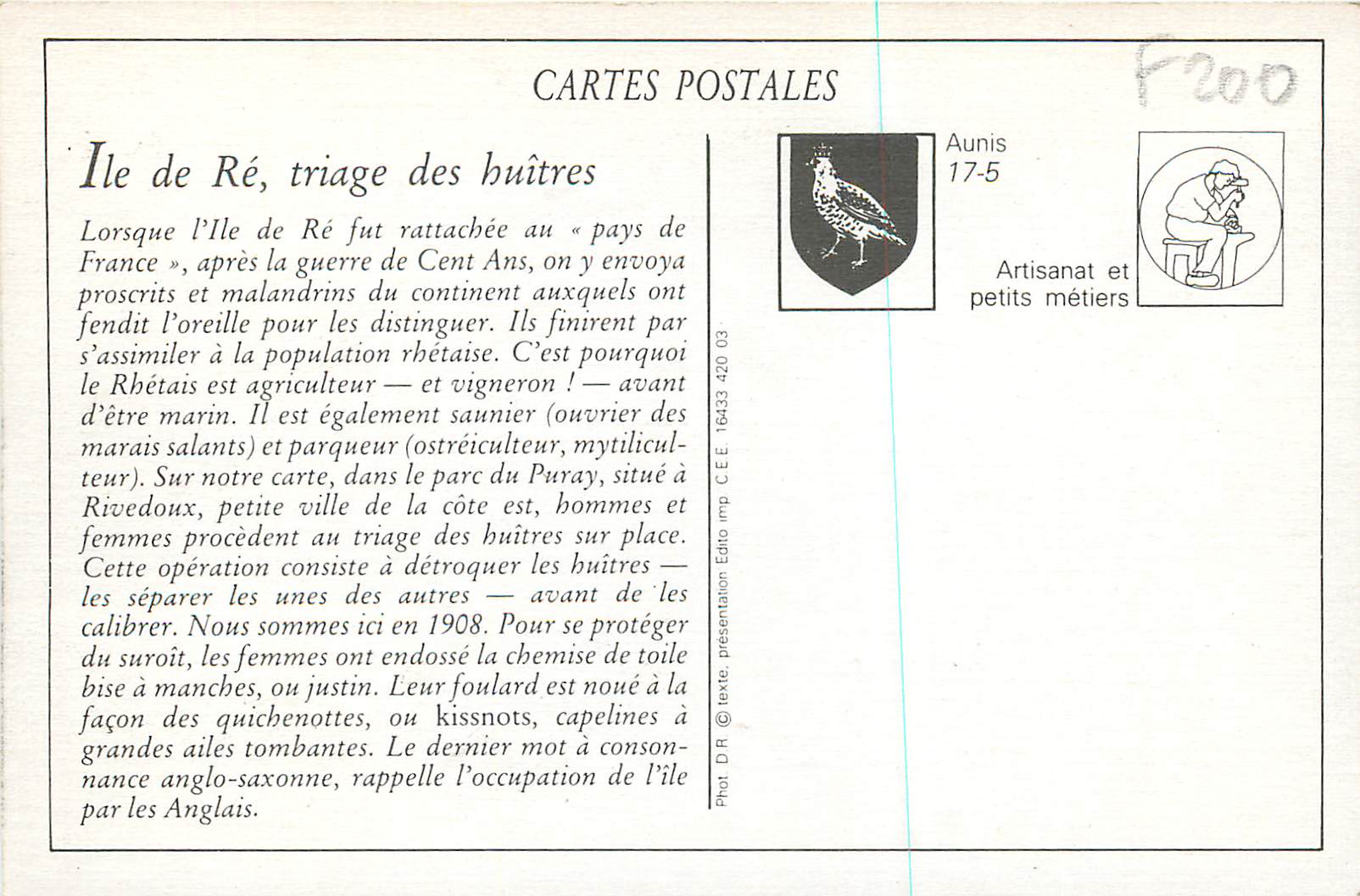 Ile de Ré - Triage des Huitres au Parc du Puray — Cliché D. P. n°31 — Rückseite