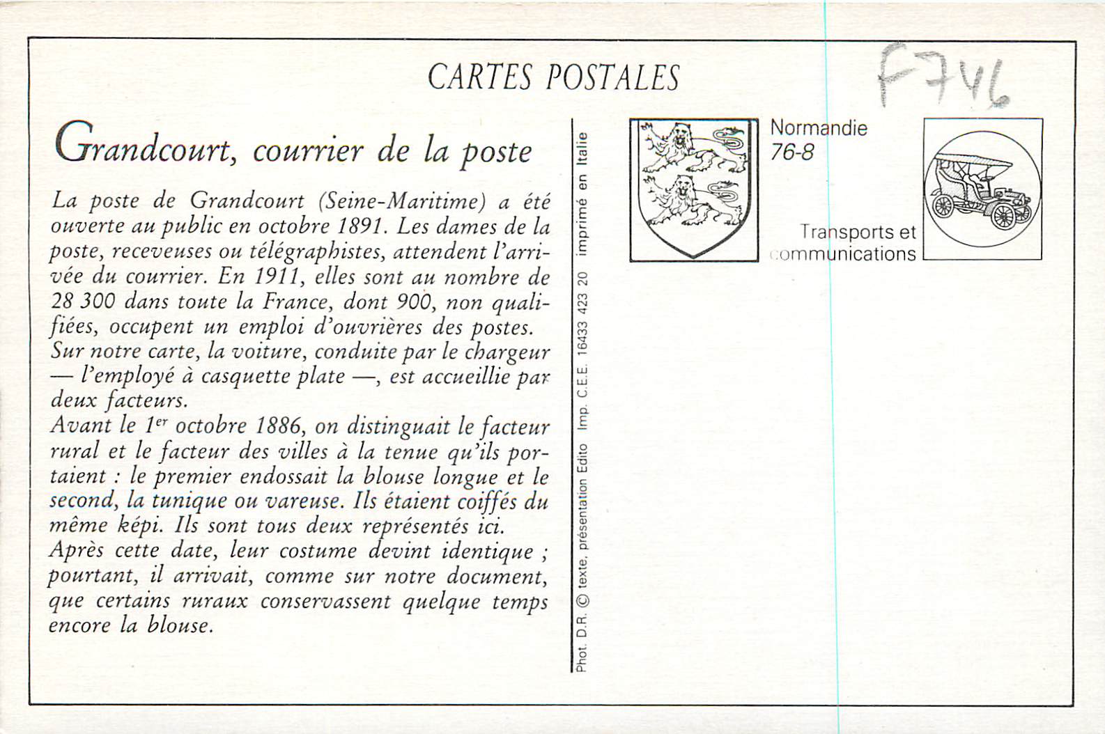 CPA Grandcourt Courrier de la Poste — Rückseite