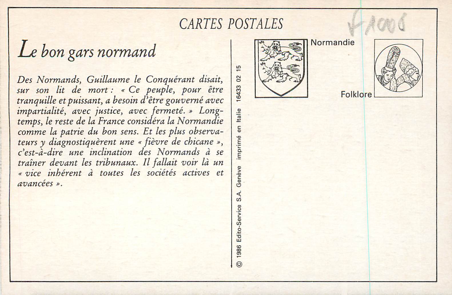 CPA la Normandie le Bon Gars Normand — Rückseite