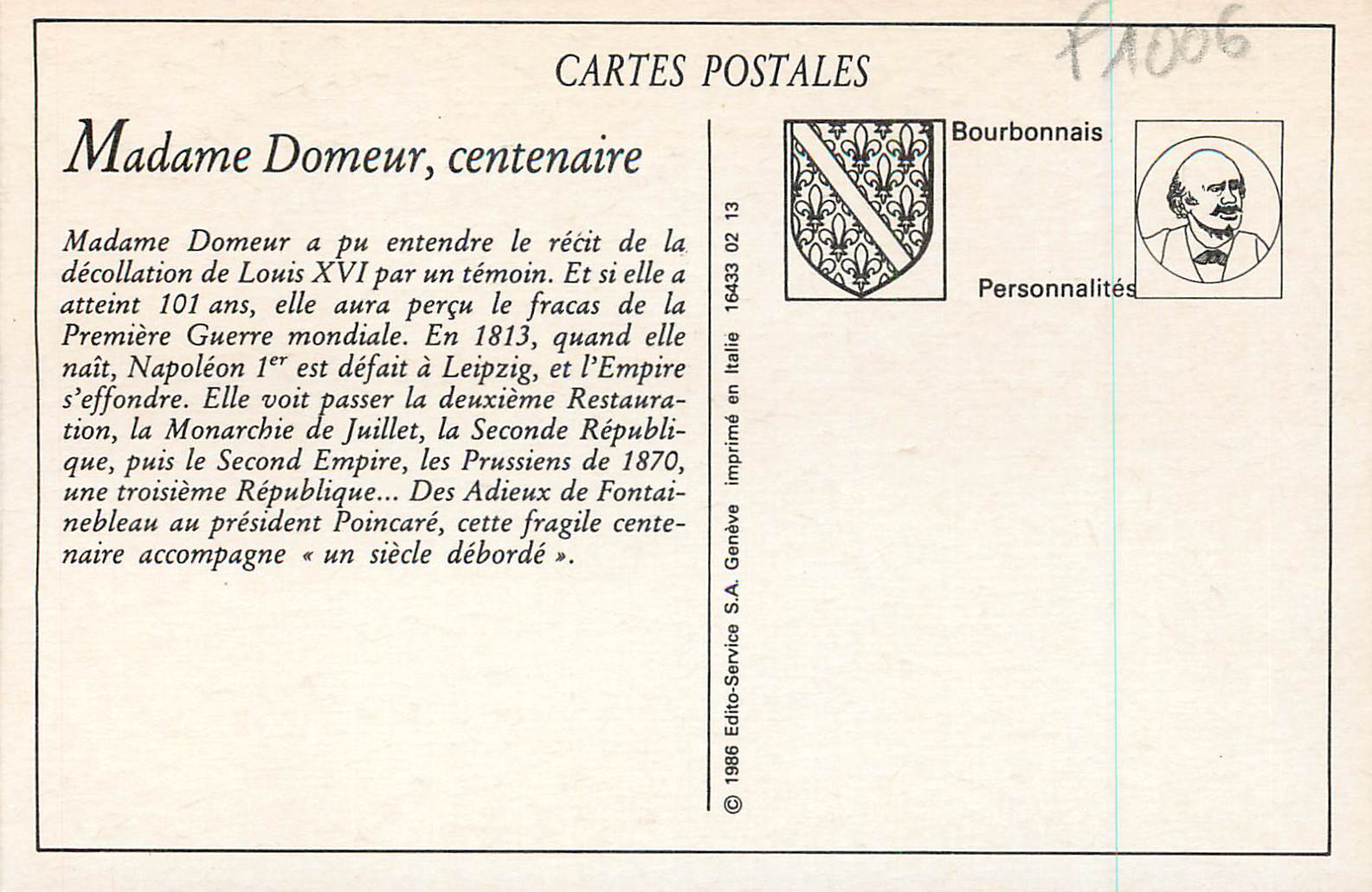CPA la Centenaire de Saligny sur Roudon Madame Domeur — Rückseite