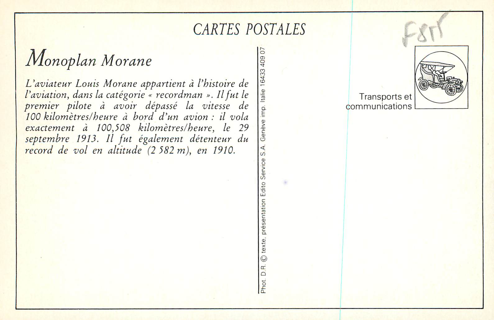 REPRO Issy les Moulineaux Paris Madrid Monoplan Morane Avion Aviation — Rückseite
