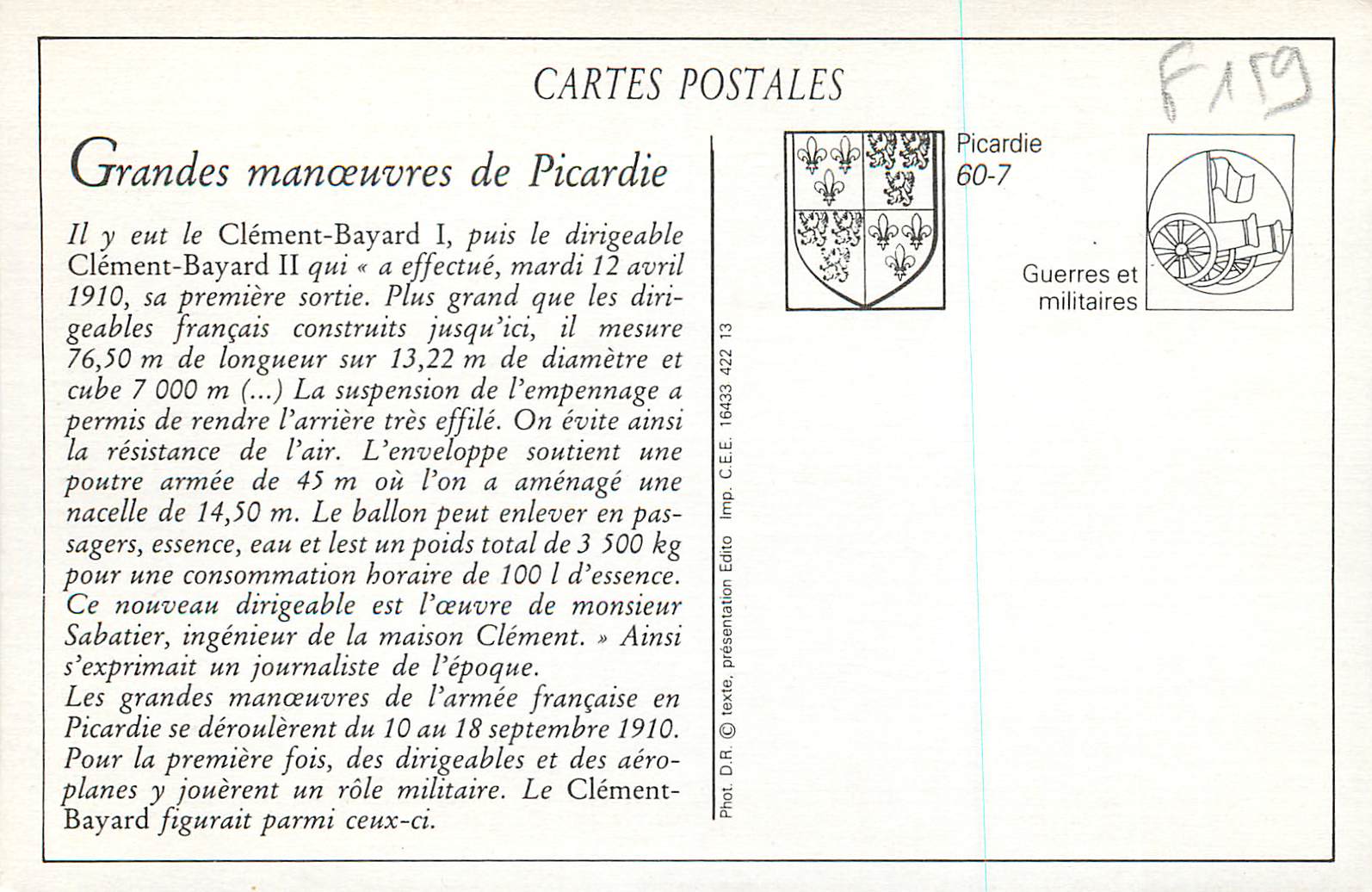 REPRO Grandes Manoeuvres de Picardie Les officiers du Clement Bayard dans la nacelle M Clement Lieutenant Tixier Command — Rückseite