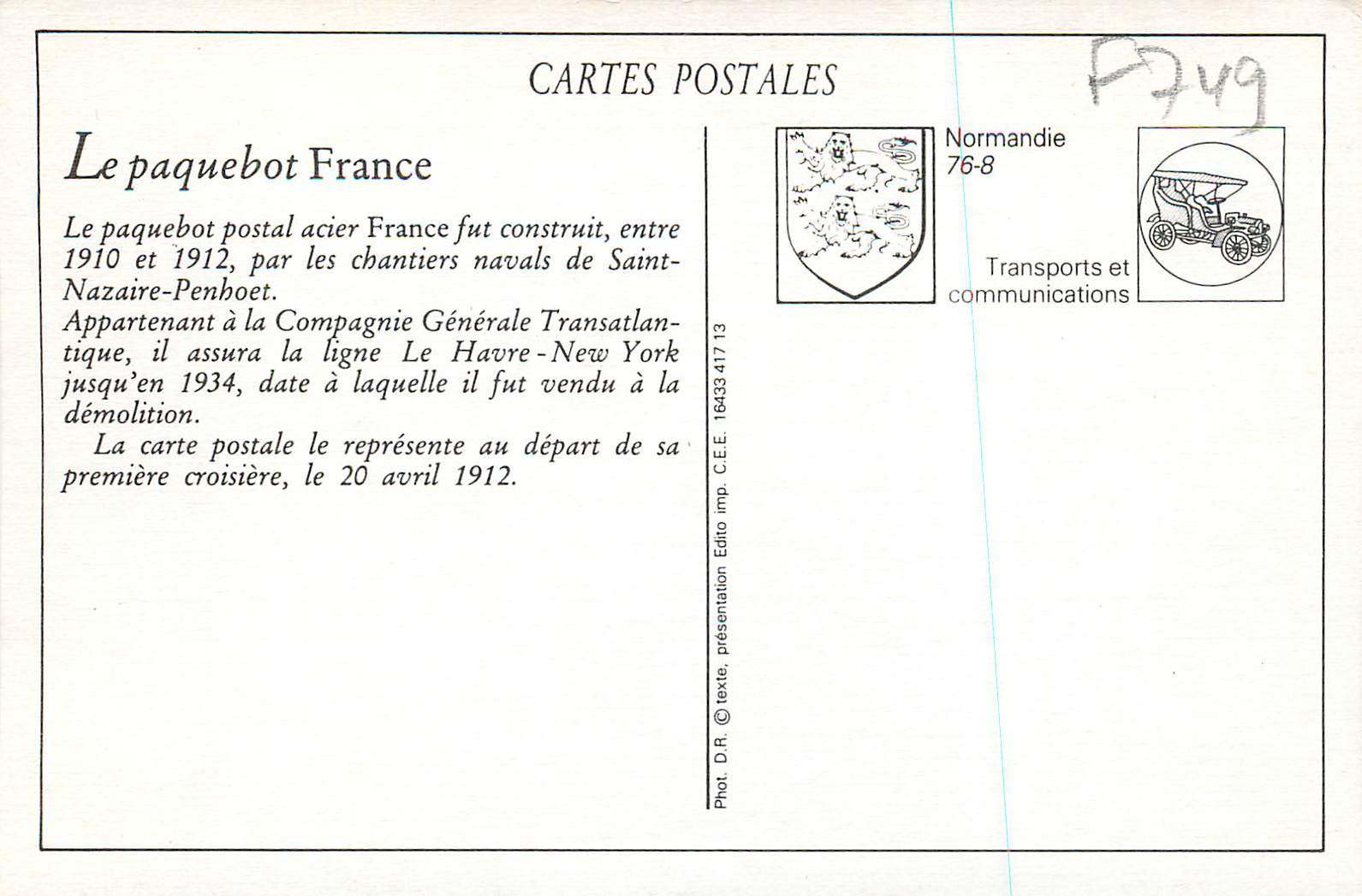 REPRO Le Havre le Paquebot France Bateau — Rückseite