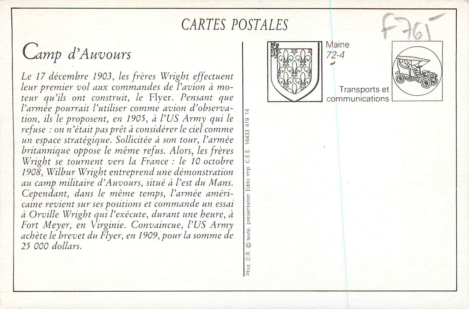 Camp d'Auvours — Vol de Wilbur Wright — Édition C.E.E. — Rückseite
