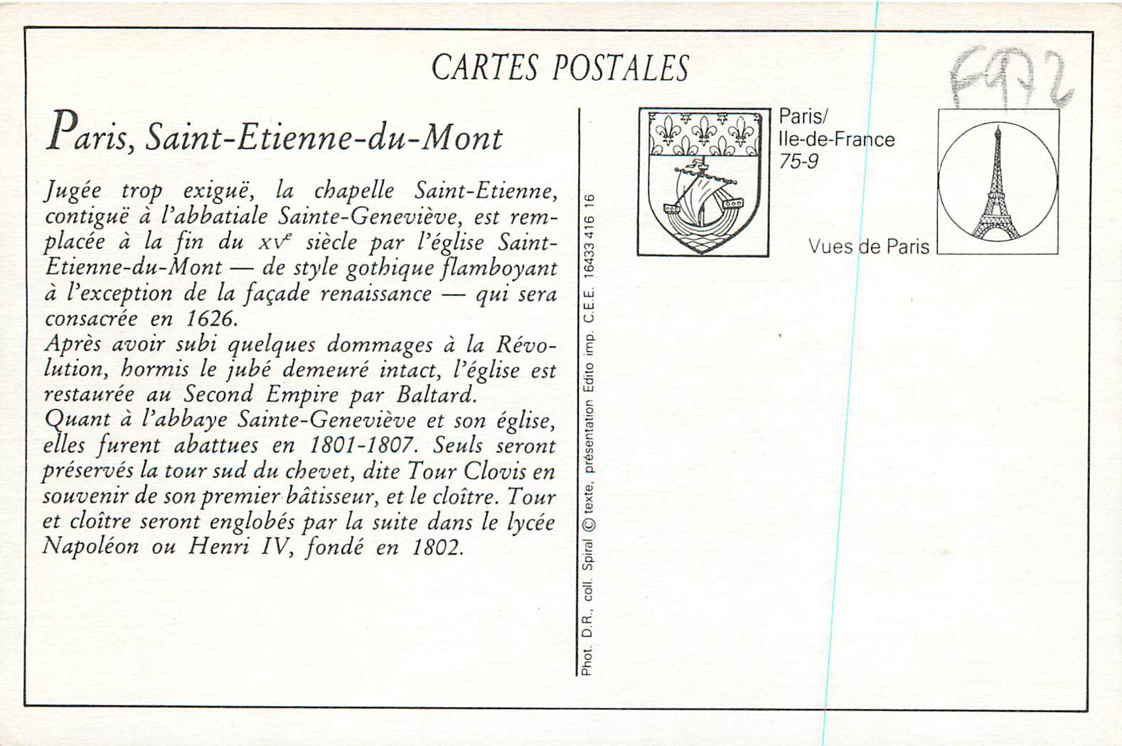 Paris (Vᵉ) — L'Église Saint-Étienne-du-Mont, le Lycée Henri IV et la Tour de Clovis — Lefevre-Utile — Rückseite