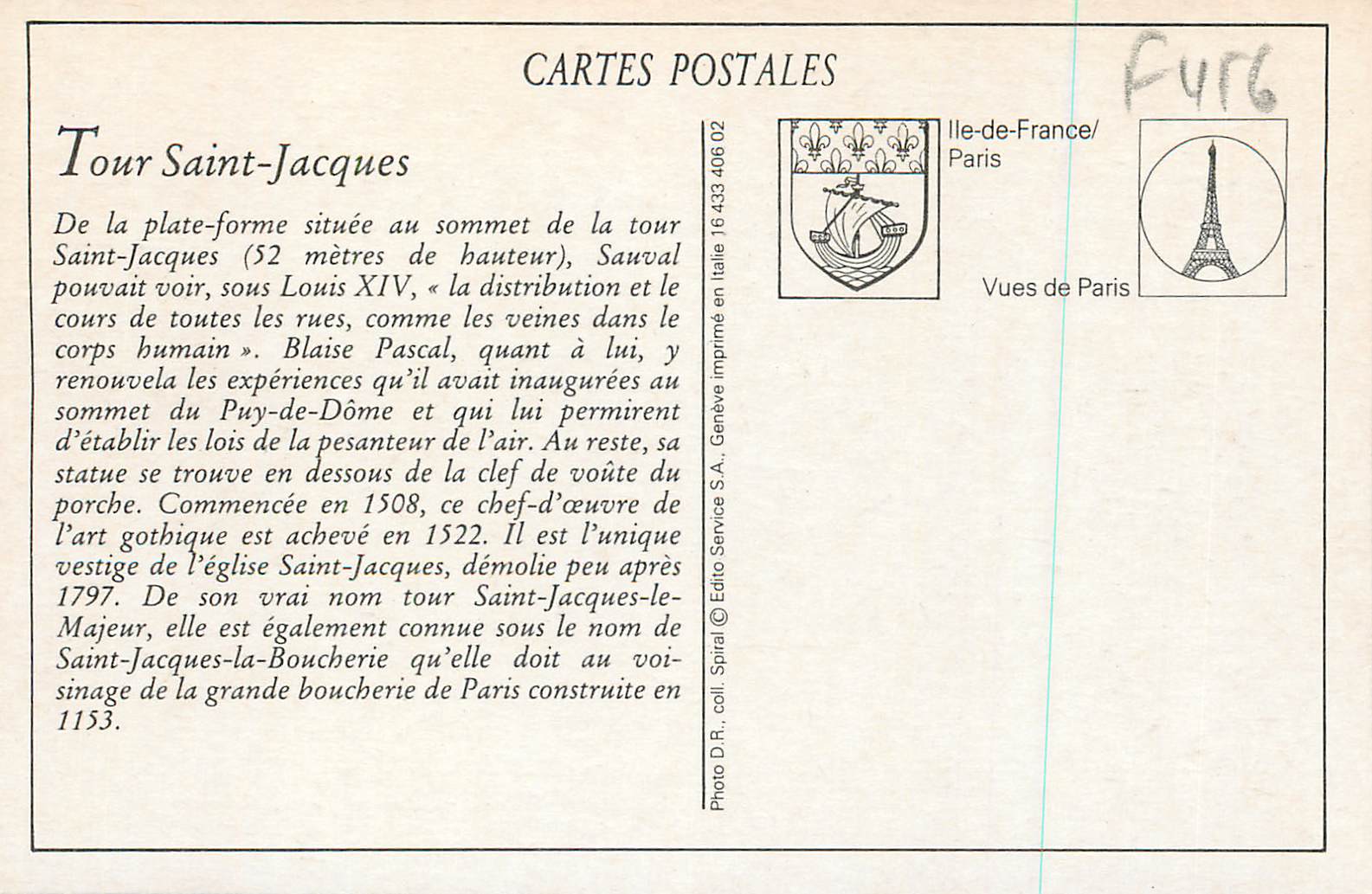 REPRO Paris Rue de Rivoli La Tour St Jacques — Rückseite