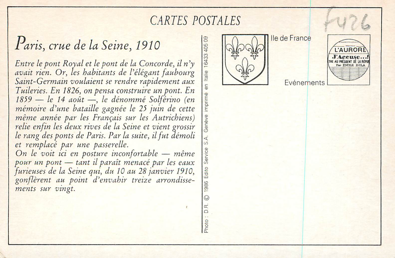 REPRO Paris La Crue de Janvier 1910 Le Pont de Solferino — Rückseite