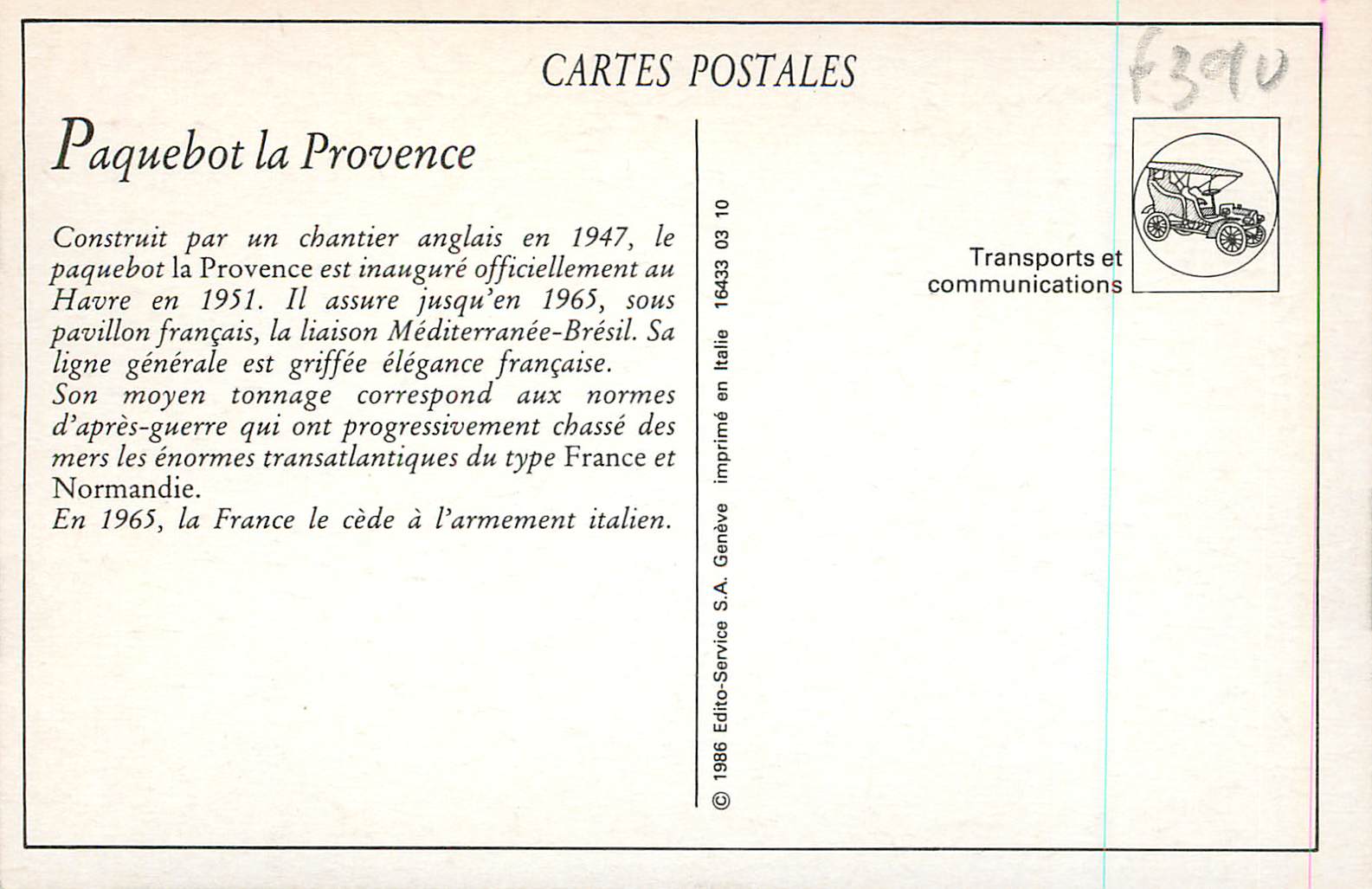 REPRO Nos Paquebots Transatiantiques La Provence Bateau — Back