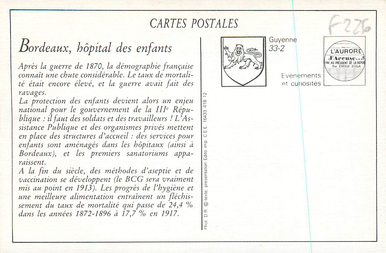 Hôpital des Enfants de BORDEAUX — Service de Chirurgie (Grands Garçons) — A. Cavaillé, phot., Bordeaux — Verso