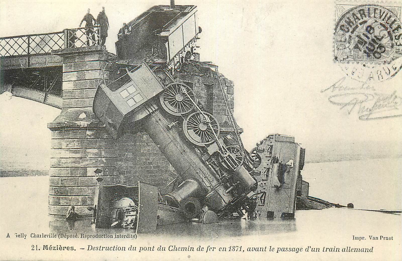 REPRO Mezieres Destruction du Pont du Chemin de Fer en 1871 avant le Passage d'un Train Allemand Train