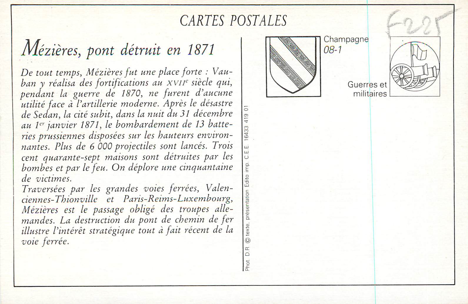 REPRO Mezieres Destruction du Pont du Chemin de Fer en 1871 avant le Passage d'un Train Allemand Train — Rückseite