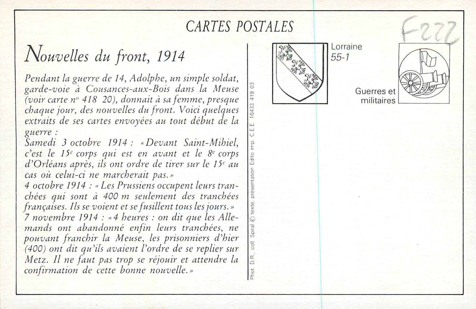 Soldat secourant son camarade blessé — La Guerre Européenne 1914 — J.M.T. n°37 — Rückseite