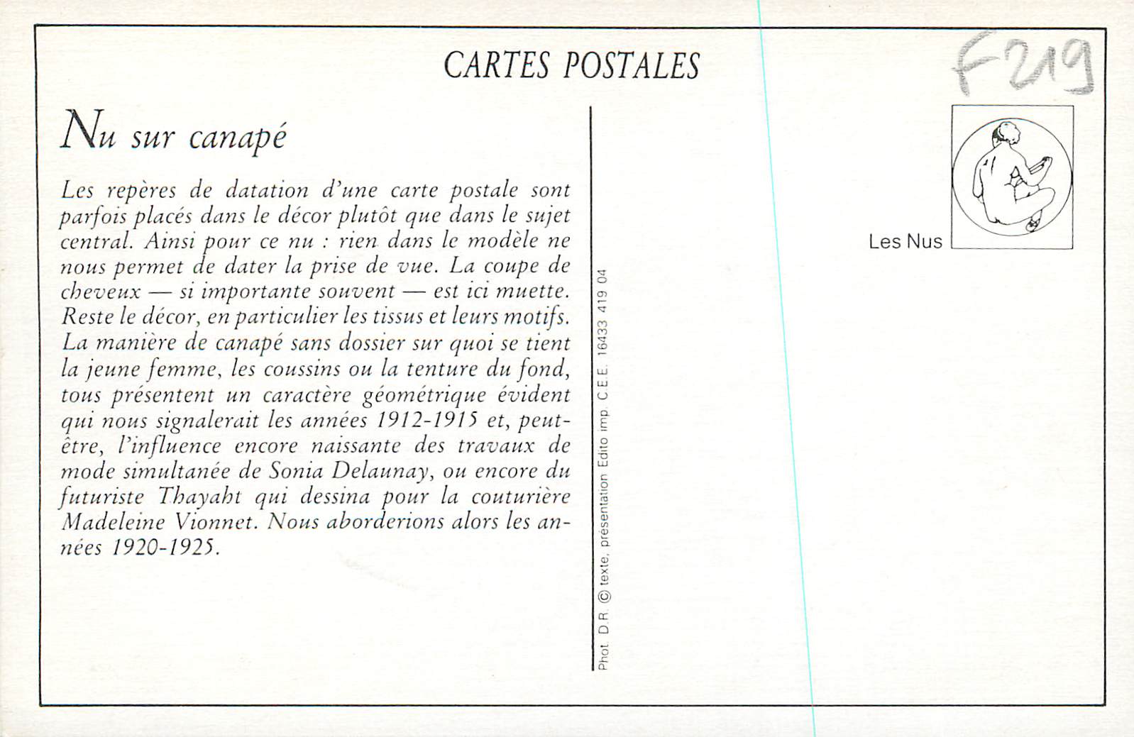 Nu sur canapé — décor géométrique — Édition C.E.E. n°1071 — Achterkant
