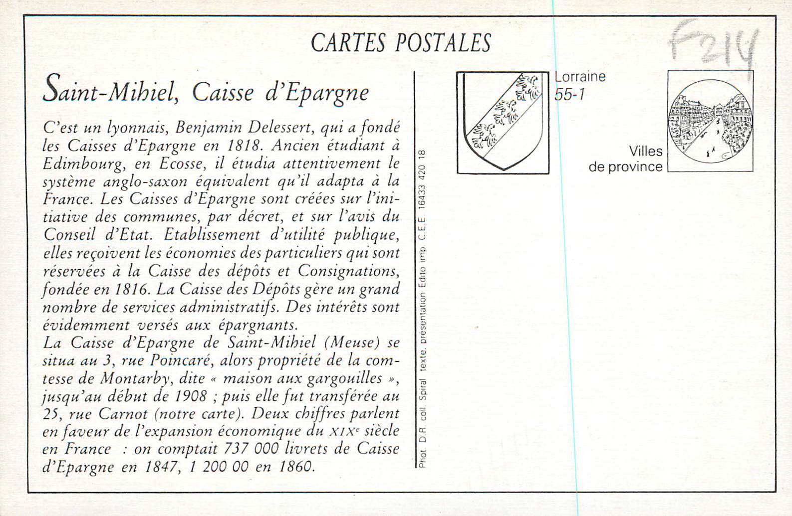 Saint-Mihiel - Caisse d'Epargne et Rue Carnot — Édito, n° 55-1 — Verso