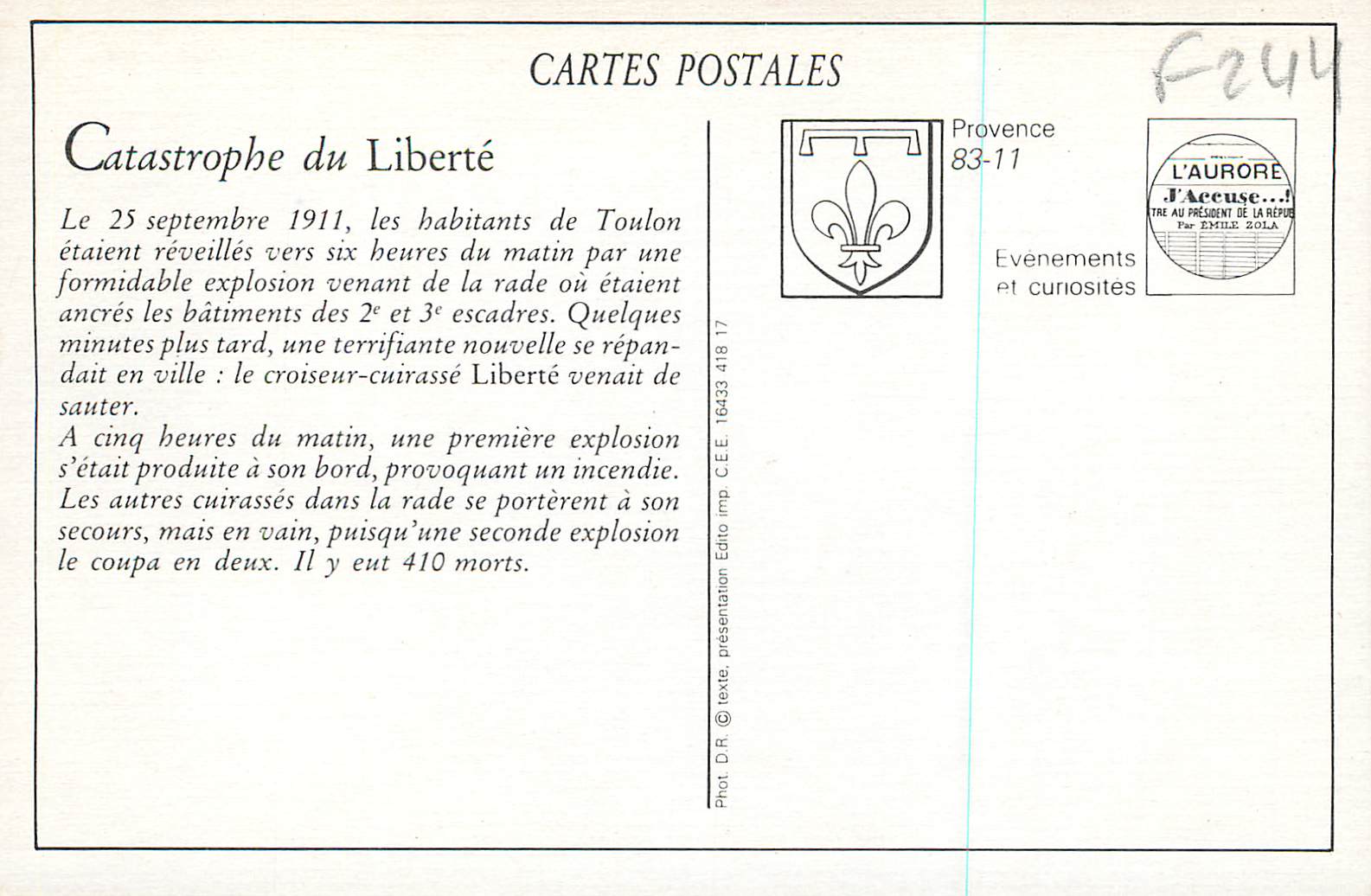 REPRO Le Renflouement Catastrophe du Liberte le 25 Septembre 1911 — Rückseite