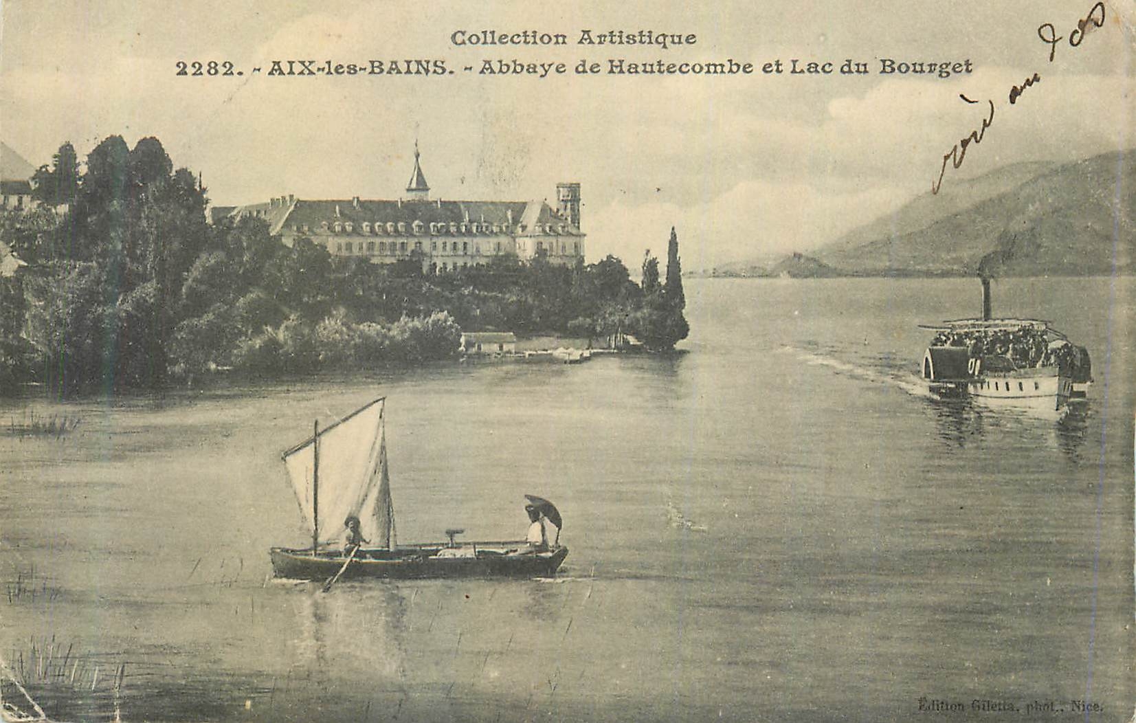 CPA Aix les Bains Abbaye de Hautecombe et Lac du Bourget Bateaux