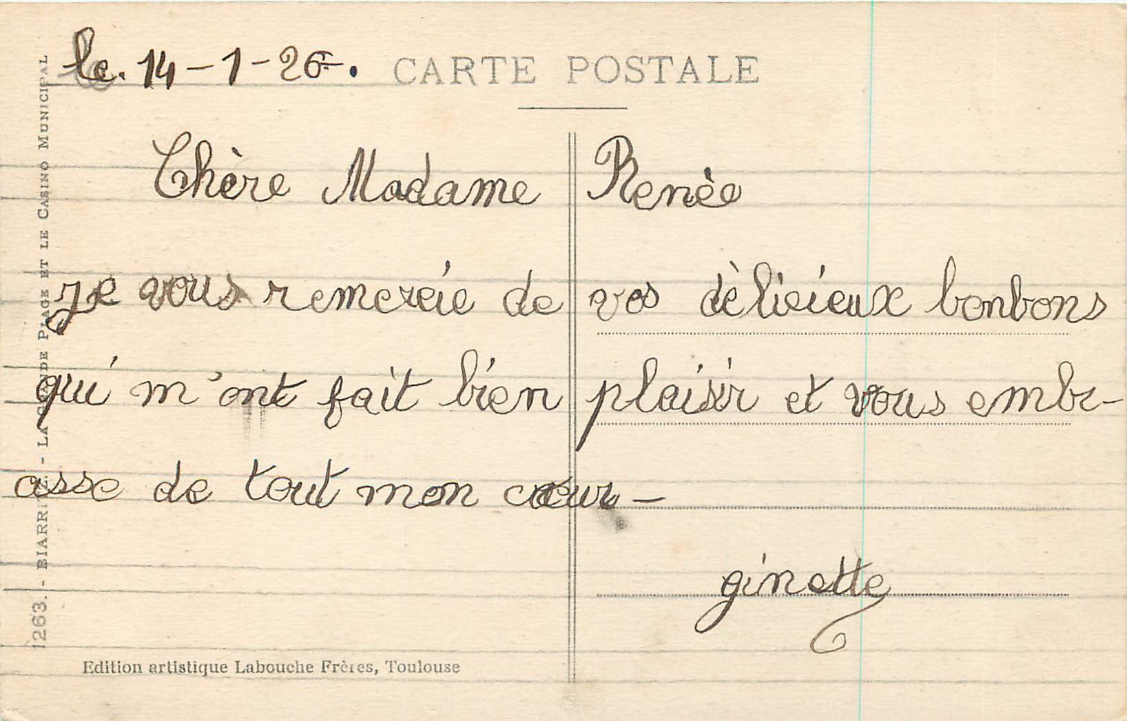 Biarritz - Plage et Casino Municipal — Édition artistique Labouche Frères, Toulouse, n°1263 — Rückseite