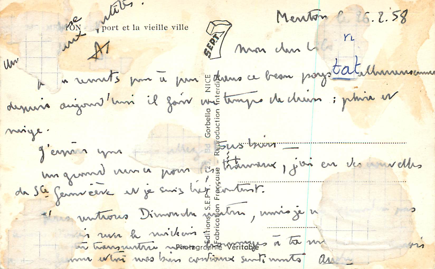 CPM Port et la Vieille Ville Menton Bateaux — Rückseite
