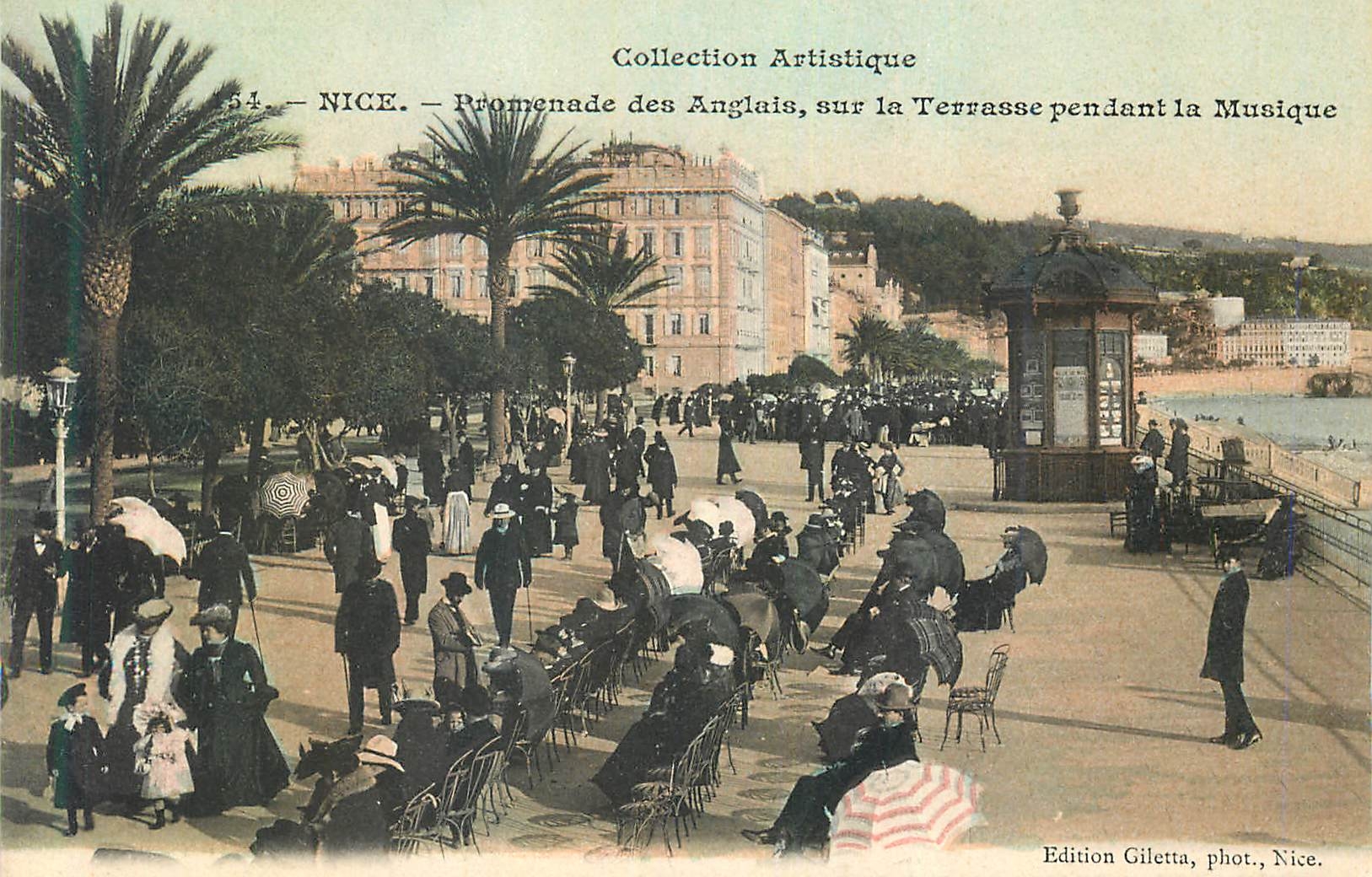 NICE. — Promenade des Anglais, auf der Terrasse während der Musik — Künstlerische Sammlung, n°54, Edition Gilettà, phot. Nice.