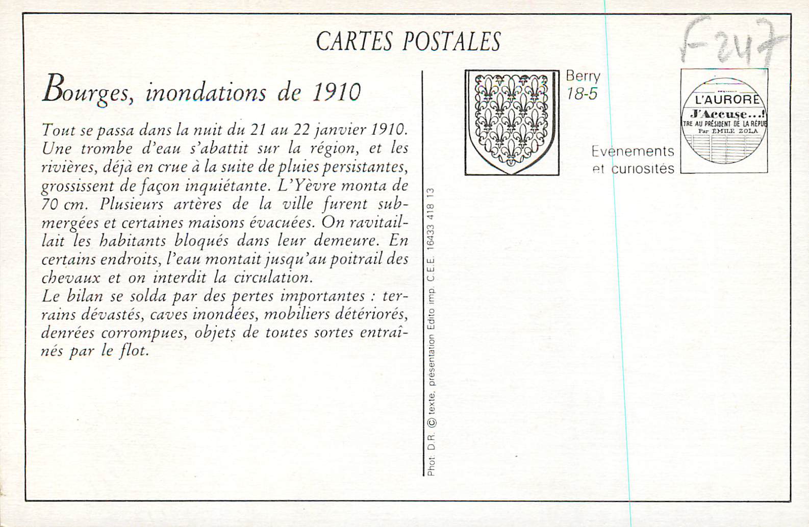 REPRO Bourges Inondations du 22 Janvier 1910 Avenue de la Gare — Rückseite