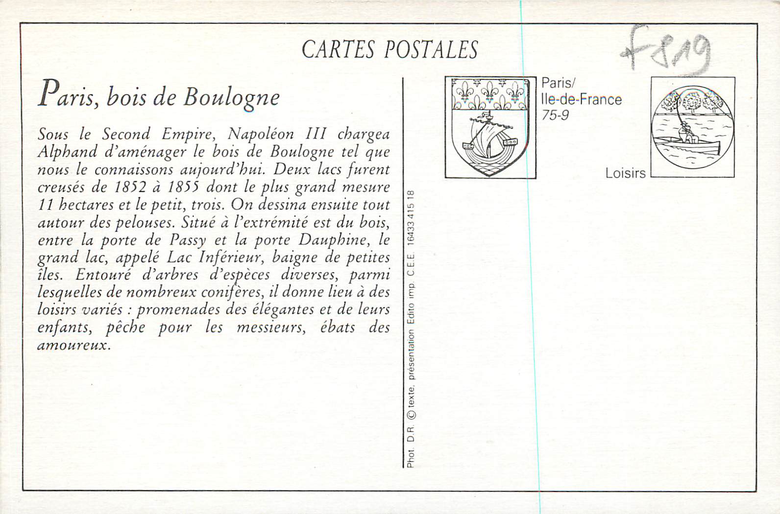 REPRO Paris Au Bois de Boulogne Les Bords du Lac Inferieur — Rückseite