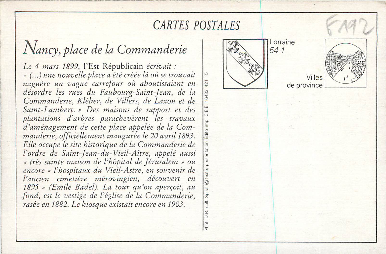 REPRO Nancy Place et Tour de la Commanderie — Verso