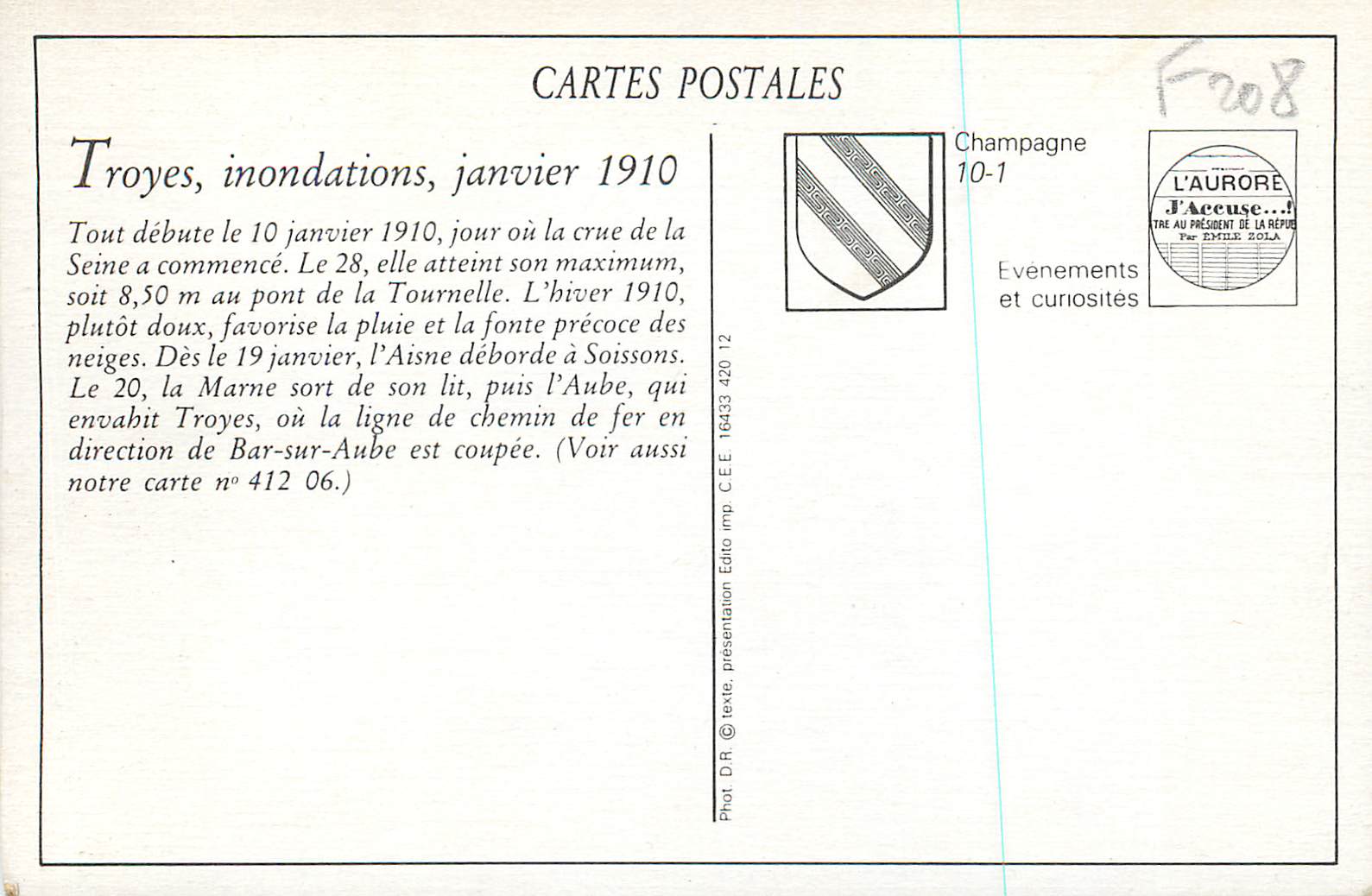 REPRO Troyes Les Inondations 22 Janvier 1910 L'Eau Arrive Rue des Tauxelles — Rückseite