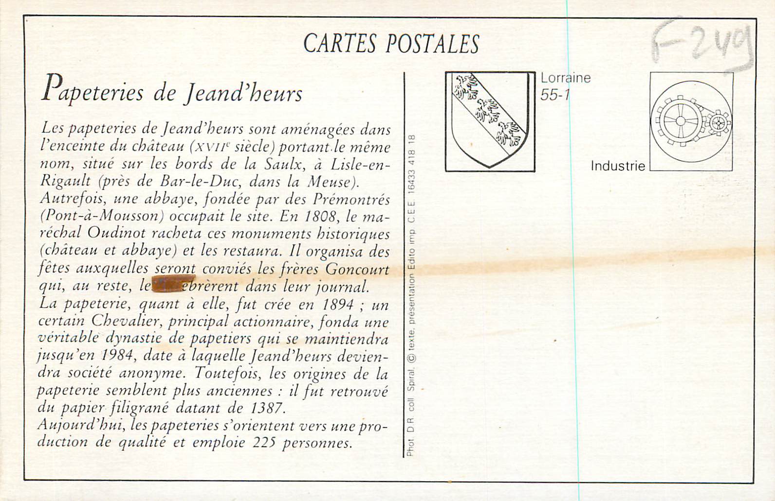 REPRO Papeteries de Jean'Heurs Sortie des Ateliers — Rückseite