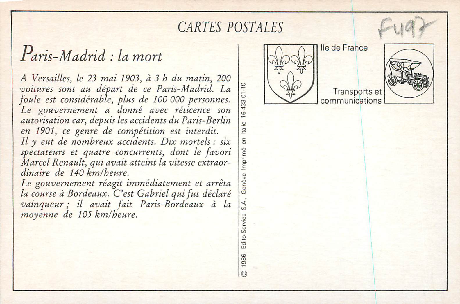 REPRO Course de Paris Madrid Gasteaux sur sa Mercedes de 60 Chevaux arrivant au Controle de Bordeaux — Rückseite