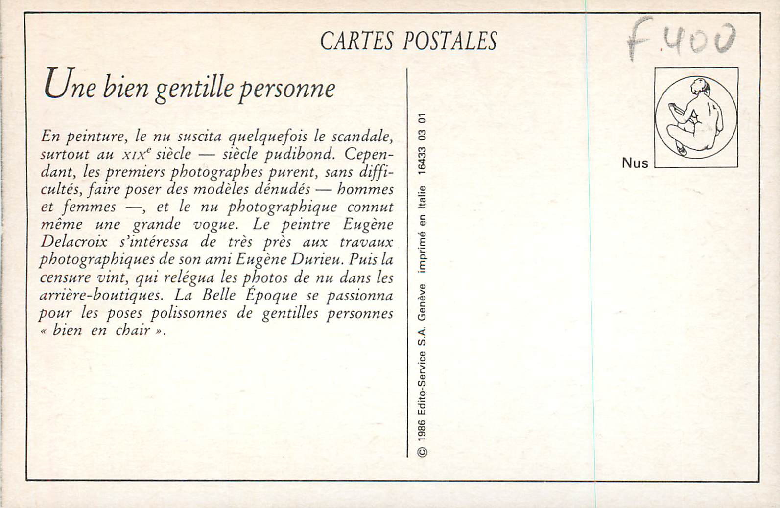 Nue avec des raisins — éditeur Edito-Service S.A. Genève, n° 1076 — Verso