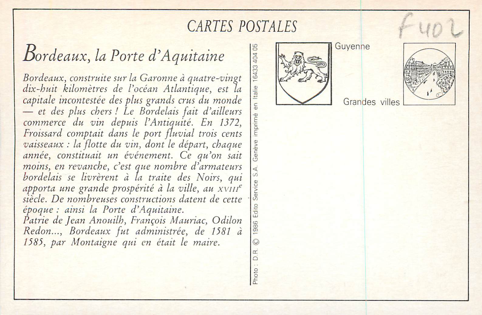 Bordeaux — Place de la Victoire et Porte d'Aquitaine — Éditeur : Service S.A. Genève — Rückseite