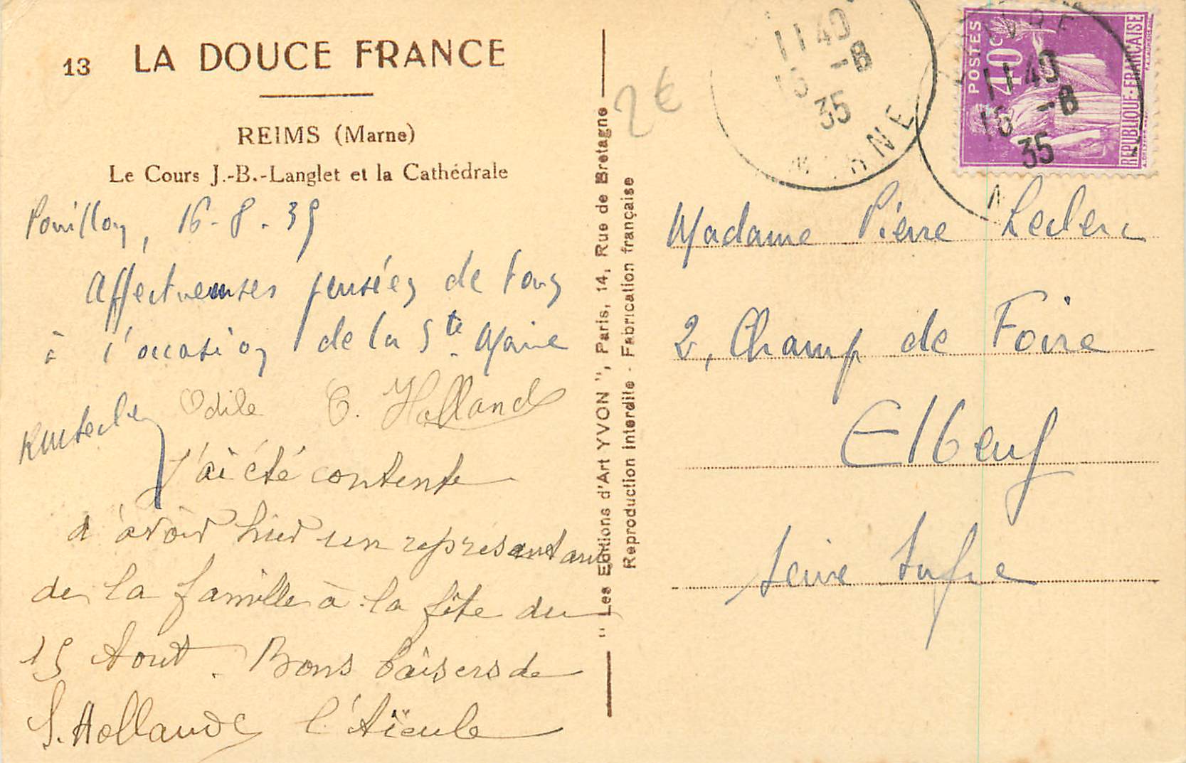 CPA Reims (Marne) La Douce France Le Cours J B Langlet et la Cathedrale — Rückseite