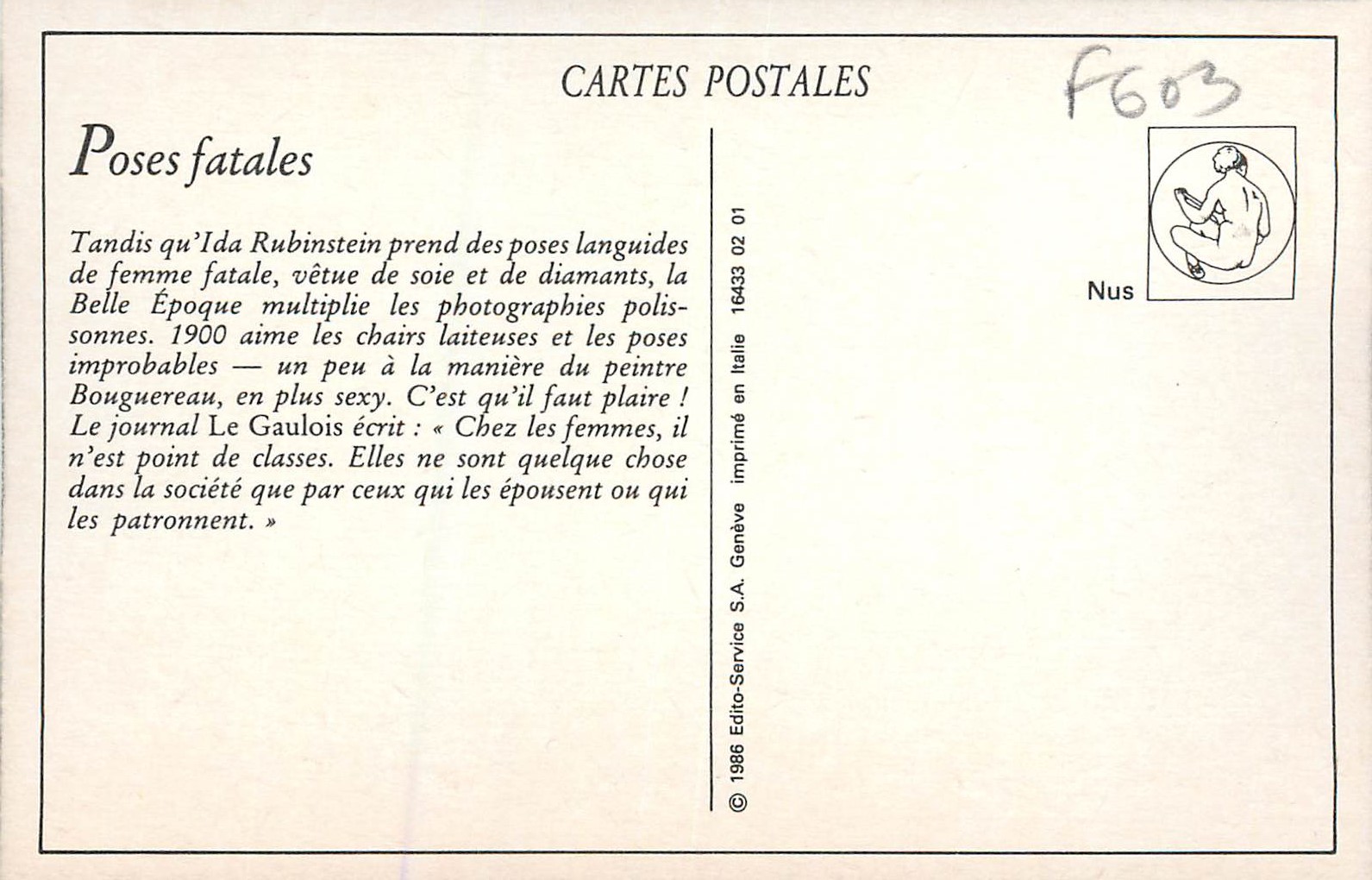 Nus — Pose fatale — Edito-Service S.A. Genève, série 33 — Verso