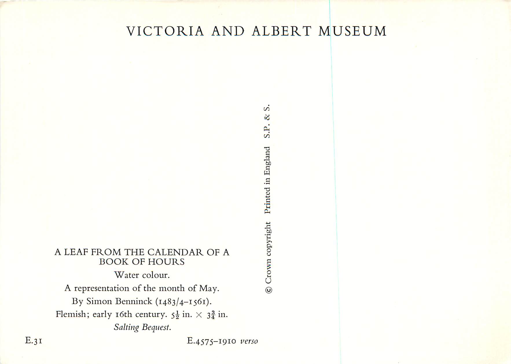 CPM Victoria and Albert Museum A Leaf from the Calendar of a Book of Hours Water Colour — Rückseite