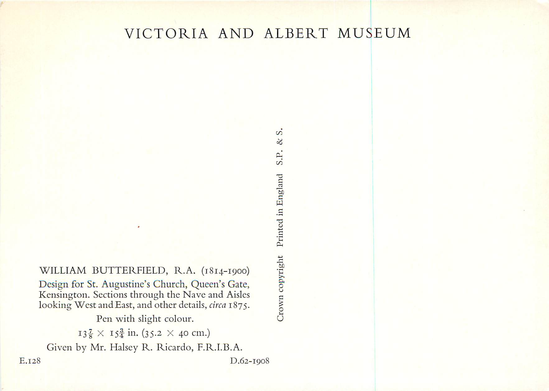 CPM Victoria and Albert Museum William Butterfield R A (1814 1900) — Rückseite