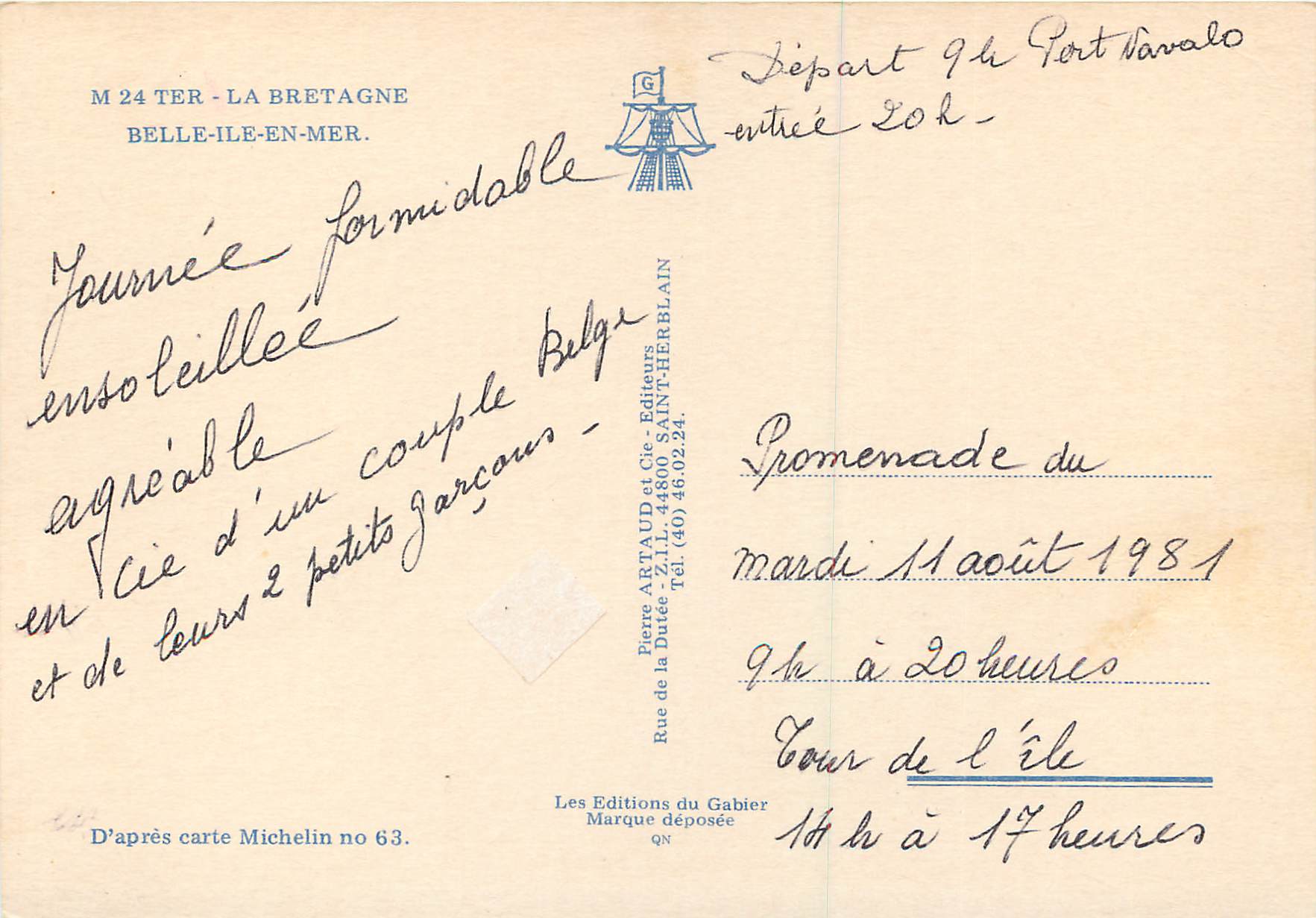 Belle-Île-en-Mer — Carte touristique avec photos de sites — Éditeur Pierre Artaud et Cie — Verso