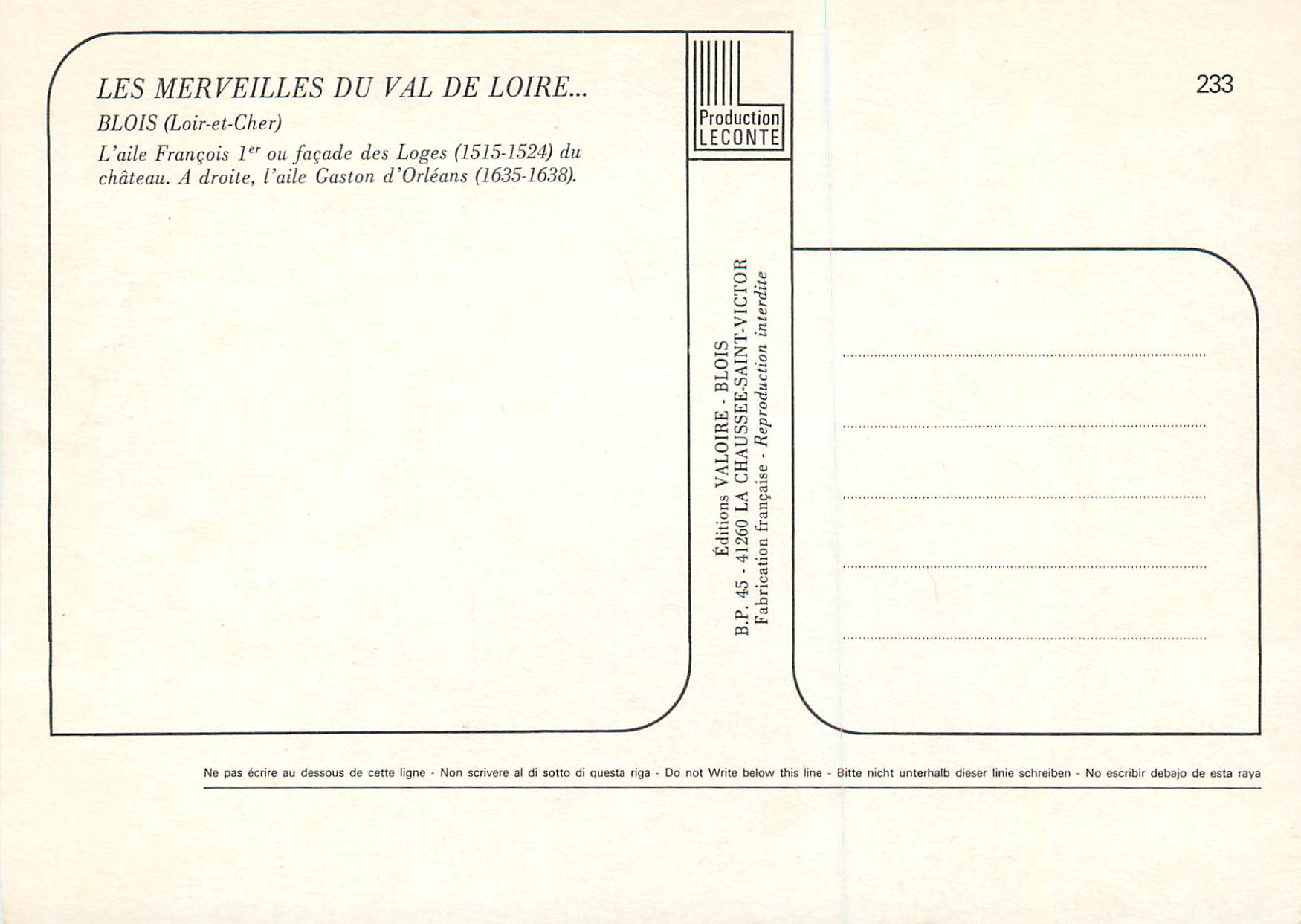 CPA Blois (Loir et Cher) les Merveilles du Val de Loire — Verso
