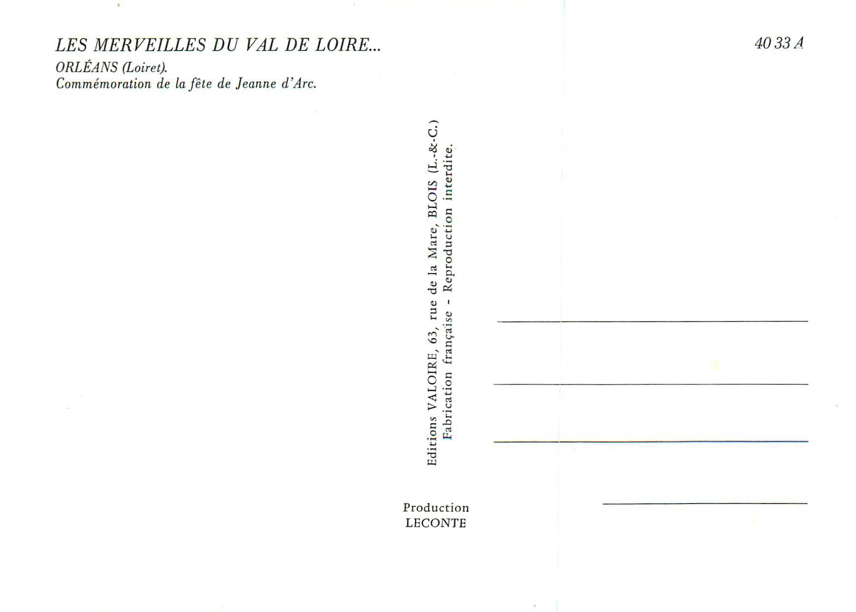 CPM Orleans (Loiret) les Merveilles du Val de Loire — Verso