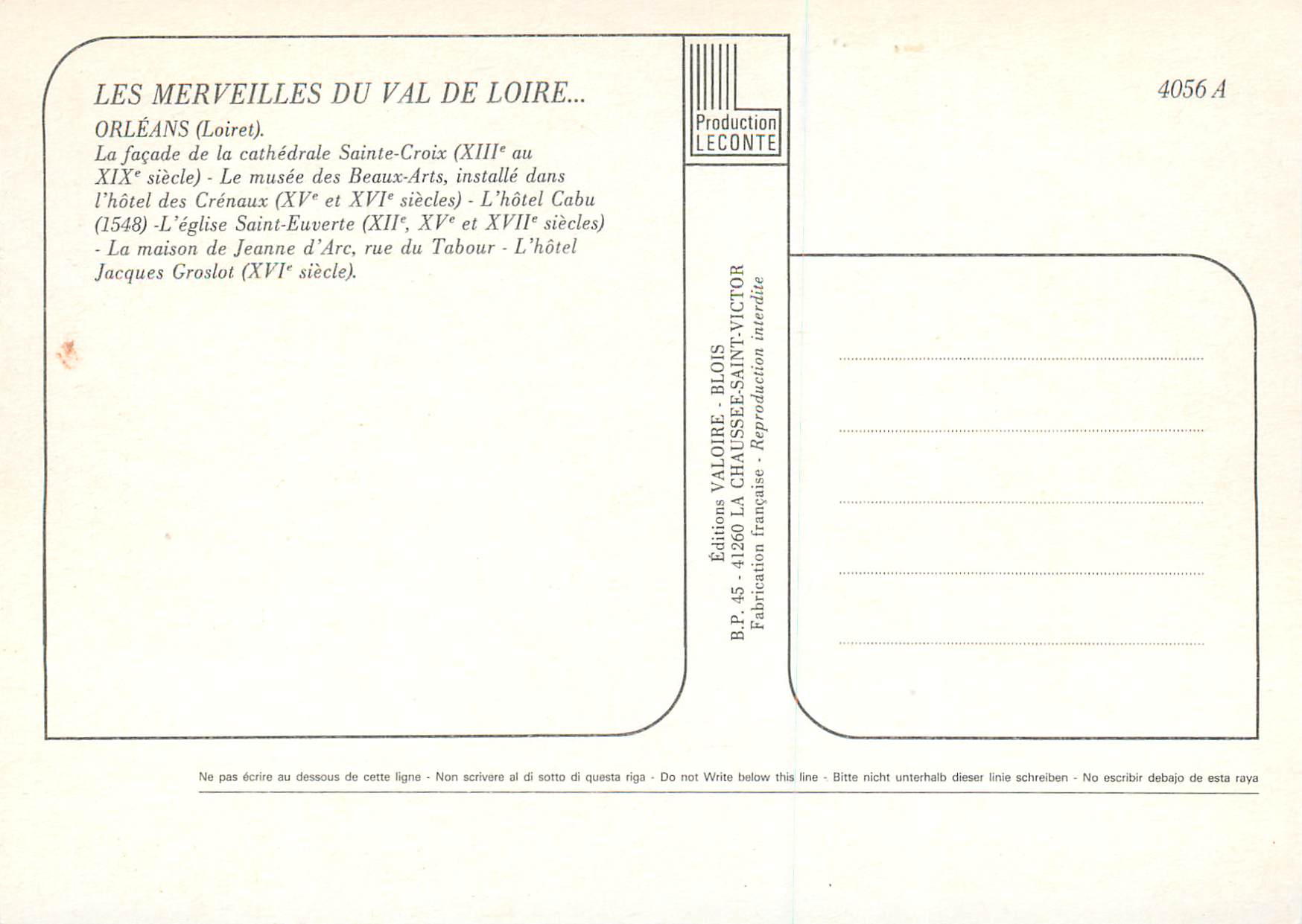 CPM Orleans (Loiret) les Merveilles du Val de Loire — Verso
