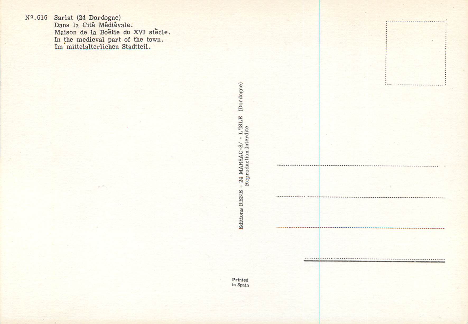 Sarlat (24 Dordogne) — Maison de la Cité Médiévale du XVIe siècle — Éditions RENÉ - 24 MARSAC-S/ - L'ISLE — Verso