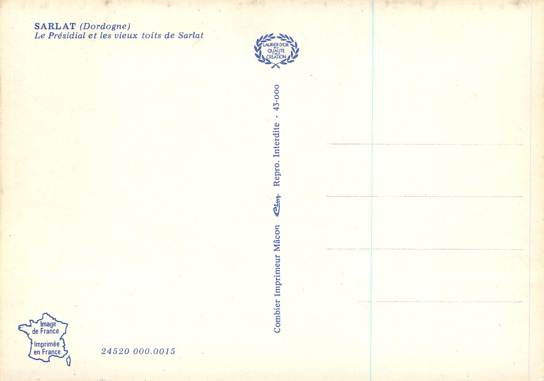 CPM Sarlat (Dordogne) le Presidial et les Vieux Toits de Sarlat  — Verso