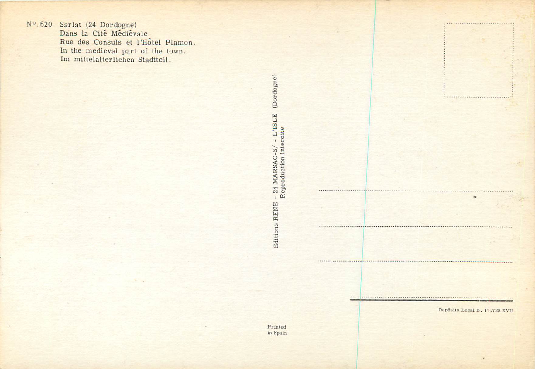Sarlat (24 Dordogne) — Rue des Consuls et l'Hôtel Plamon — Éditions RENE - 24 MARSAC-S/ - I-ISLE — Verso