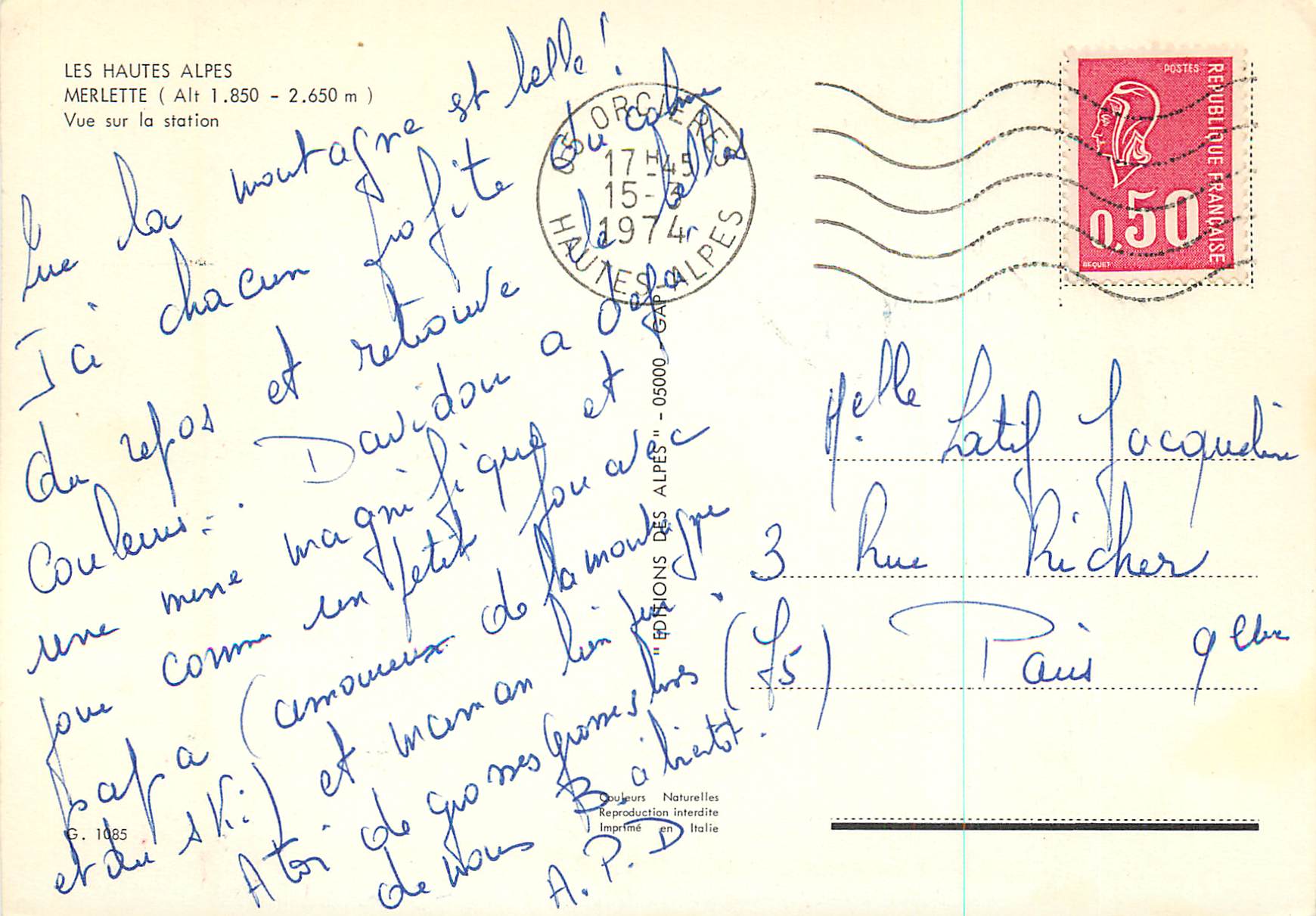 Merlette — Vue sur la station — Éditions Naturelles, Imprimerie des Alpes — Achterkant