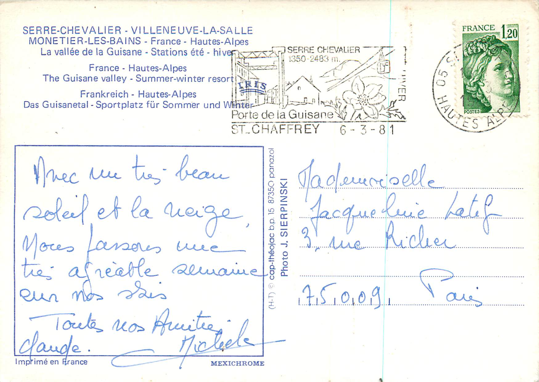 CPM Serre Chevalier Villeneuve la Salle Monetier les Bains — Rückseite