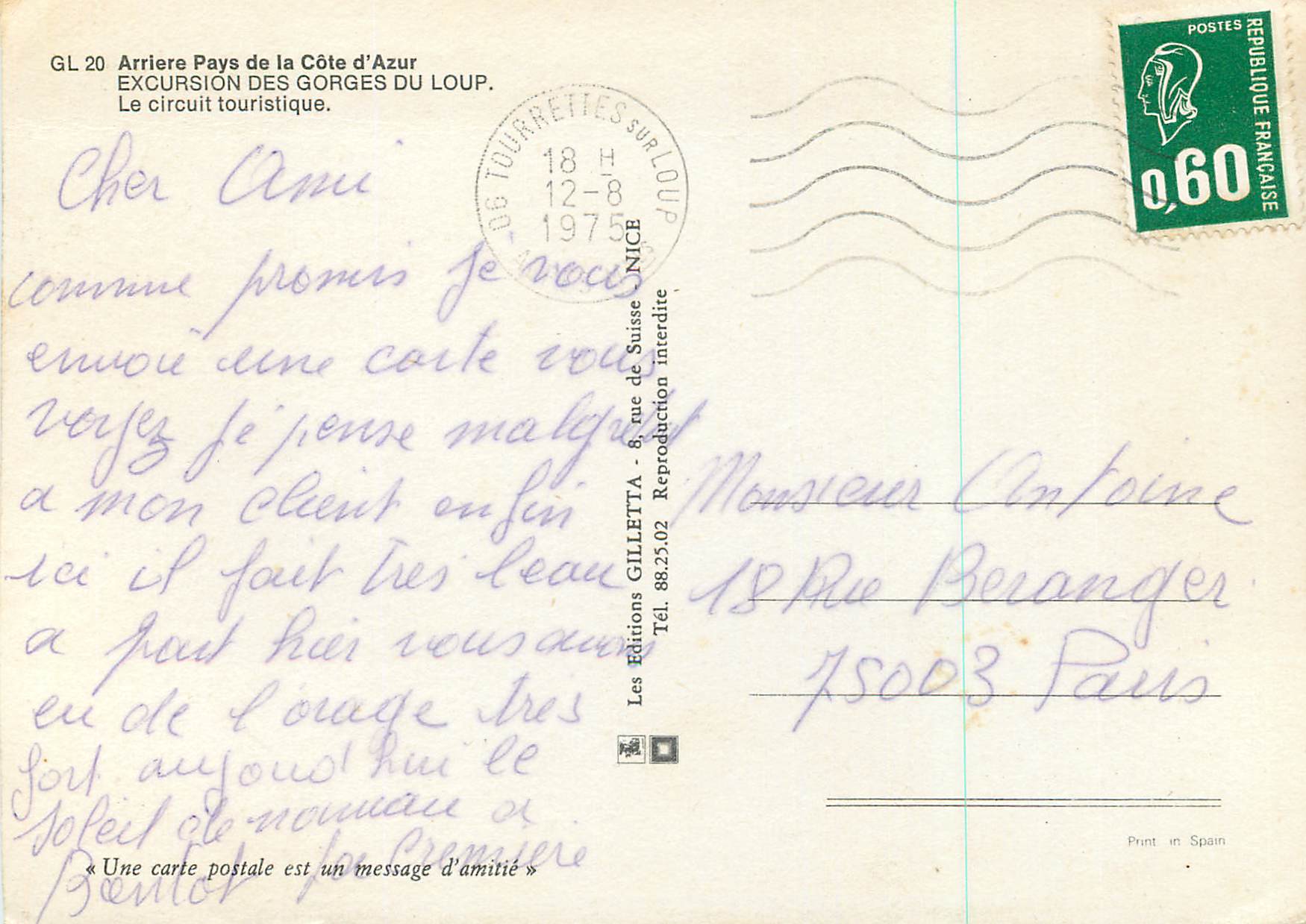 CPM Excursion des Gorges du Loup Arriere Pays de la Cote d'Azur le Circuit Touristique — Rückseite