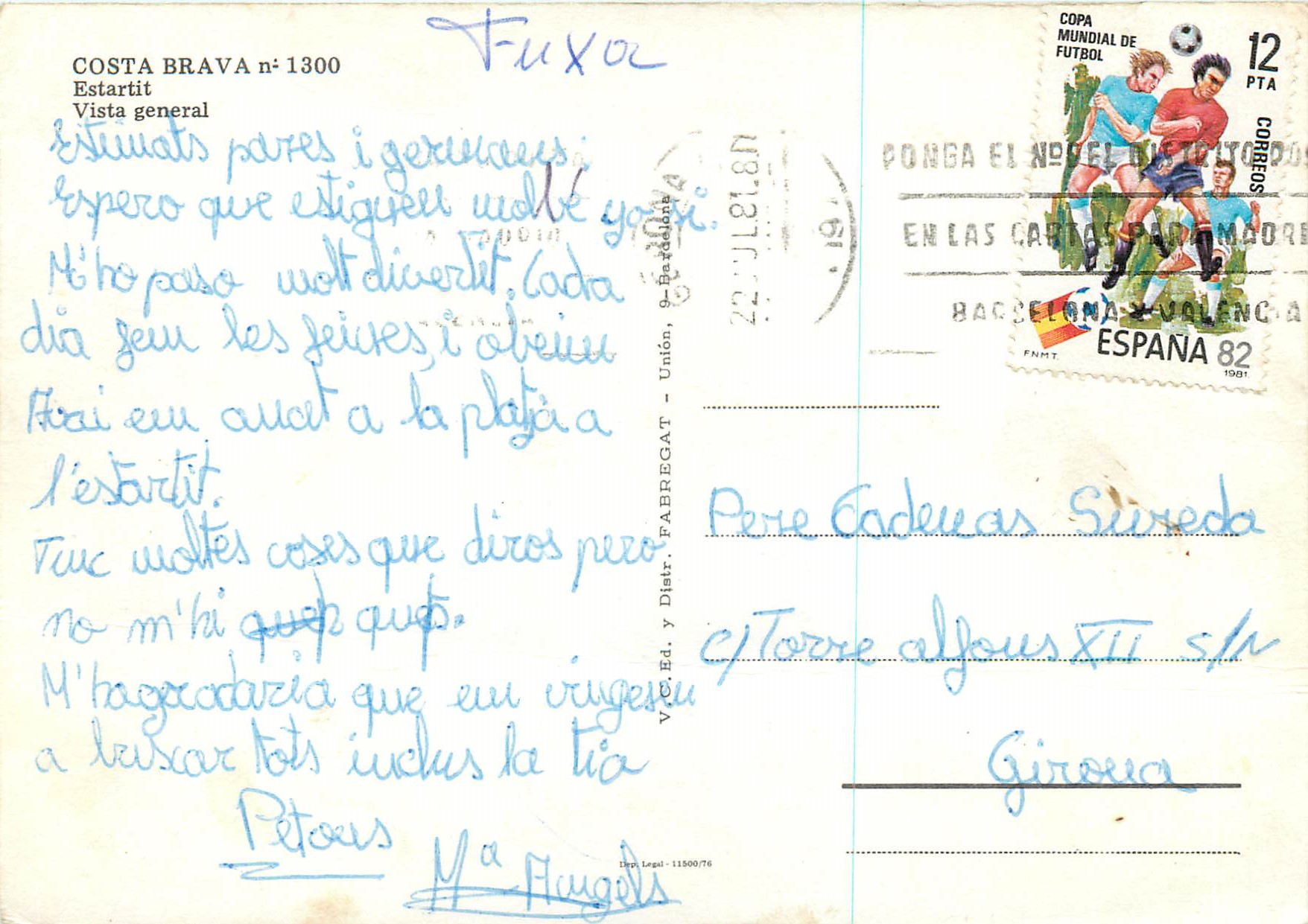 CPM Costa Brava Estartit Vista General Football Coupe du Monde 1982 — Rückseite