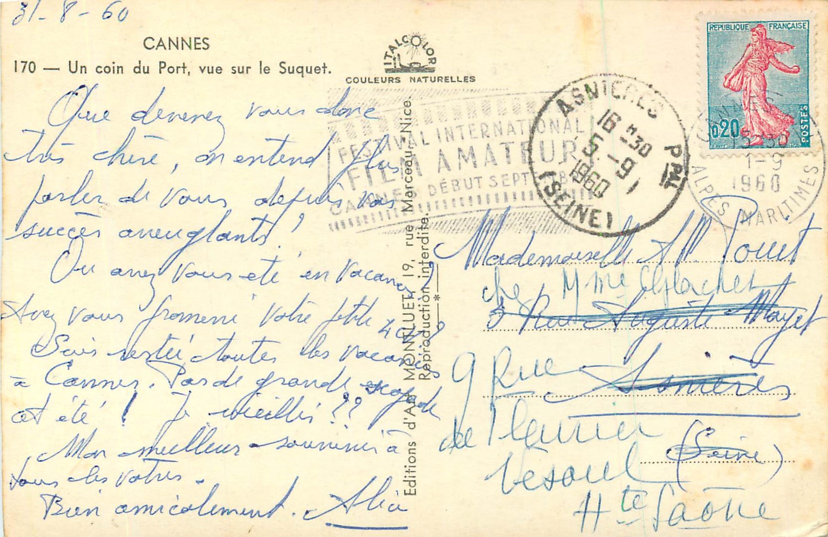 CPM Cannes un Coin du Port vue sur le Suquet Bateaux — Rückseite