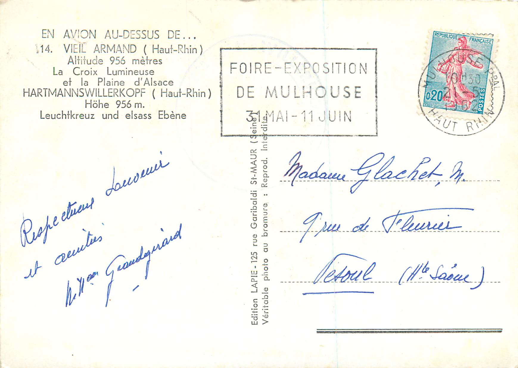 Die Leuchtende Kreuz — Hartmannswillerkopf (Haut-Rhin) — Edition LAPIE — Rückseite